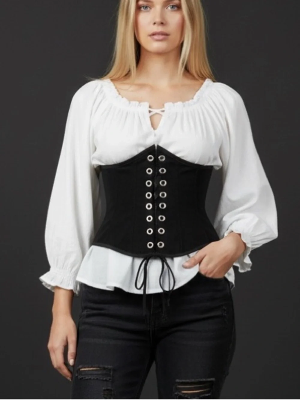 Black Fabric Underbust Corset Belt/Waist Cincher - Size Small